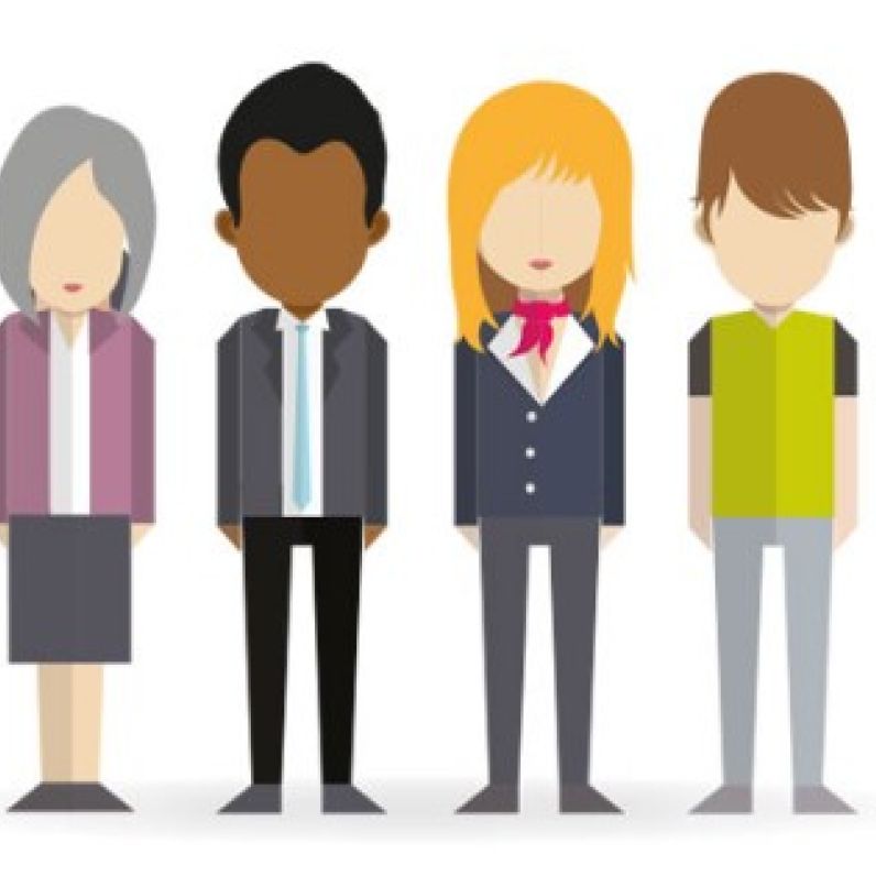 Cartoon image of a group of people standing in a line. 